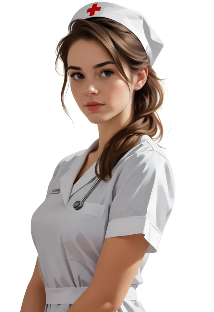 Digital Painting White Woman 22 Years Old Brown Hair Wearing A Nurse Uniform White Background Bold And Slim Lines Brush Strokes 3 F8e3