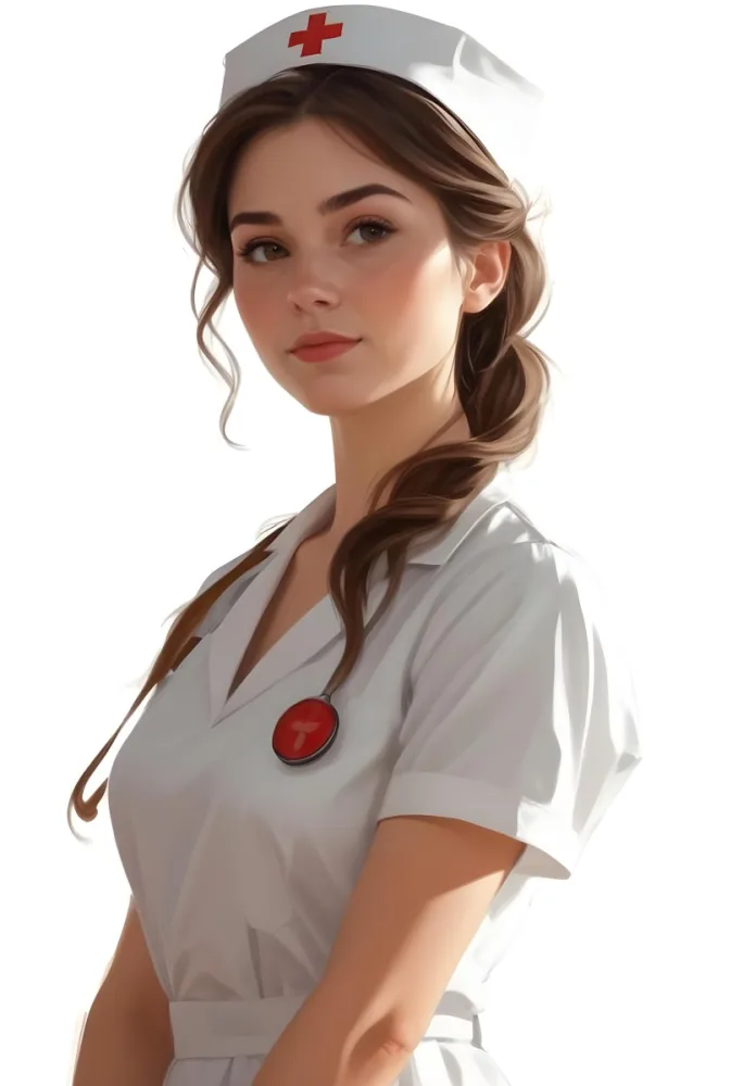 Digital Painting White Woman 22 Years Old Brown Hair Wearing A Nurse Uniform White Background Bold And Slim Lines Brush Strokes 6 69e8