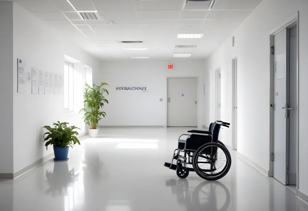 Empty Hospital Corridor With White Walls White Floor Benches Signs A Wheelchair And A Plant Bright Light 3 0168