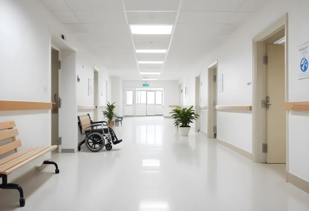 Empty Hospital Corridor With White Walls White Floor Benches Signs A Wheelchair And A Plant Bright Light 4 246d