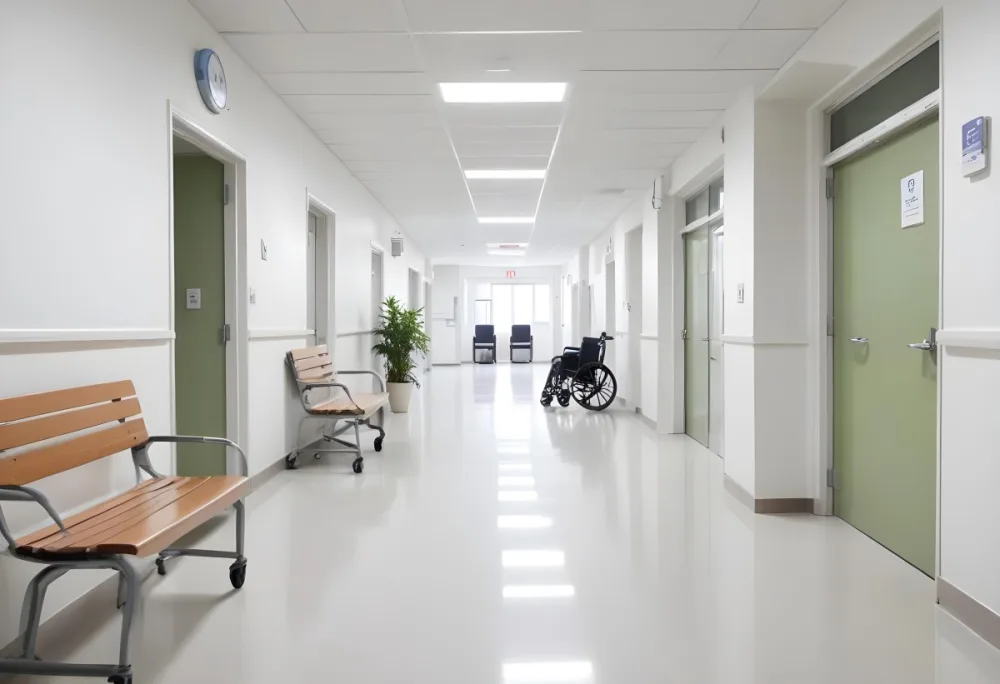 Empty Hospital Corridor With White Walls White Floor Benches Signs A Wheelchair And A Plant Bright Light 6 13f3
