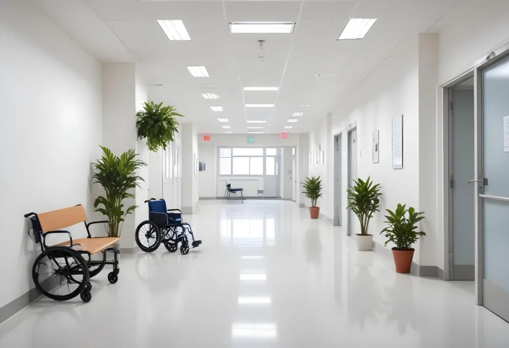 Empty Hospital Corridor With White Walls White Floor Benches Signs A Wheelchair And A Plant Bright Light 7 4236