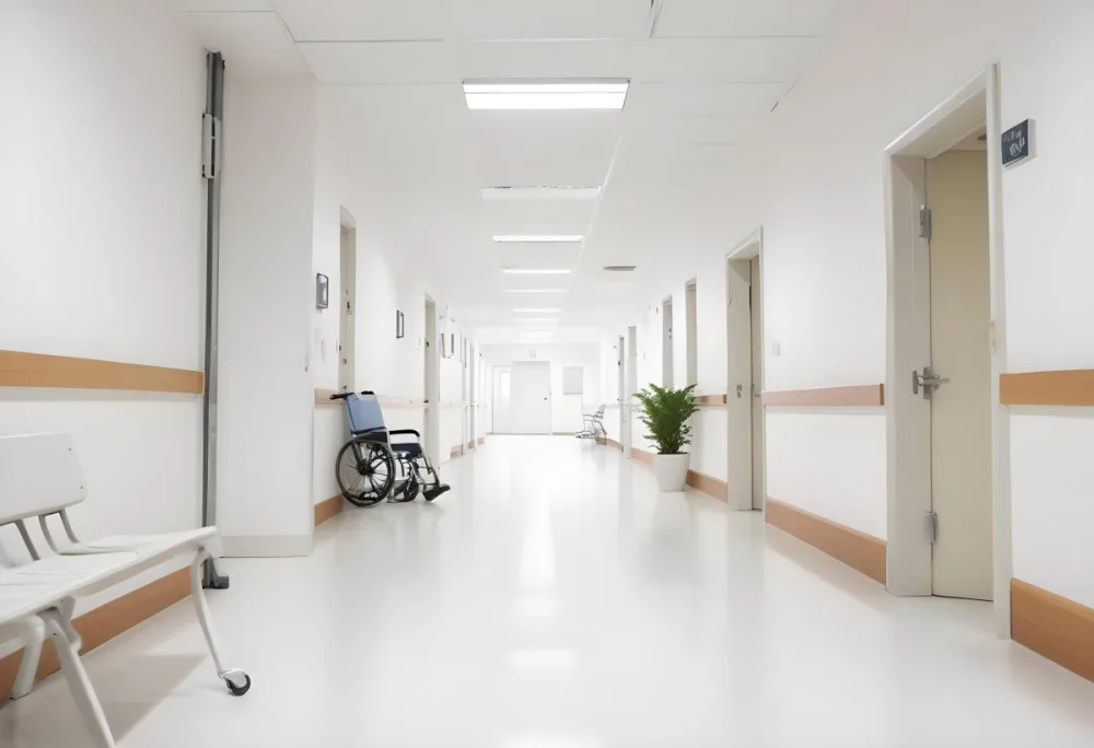 Empty Hospital Corridor With White Walls White Floor Benches Signs A Wheelchair And A Plant Bright Light 8 8095