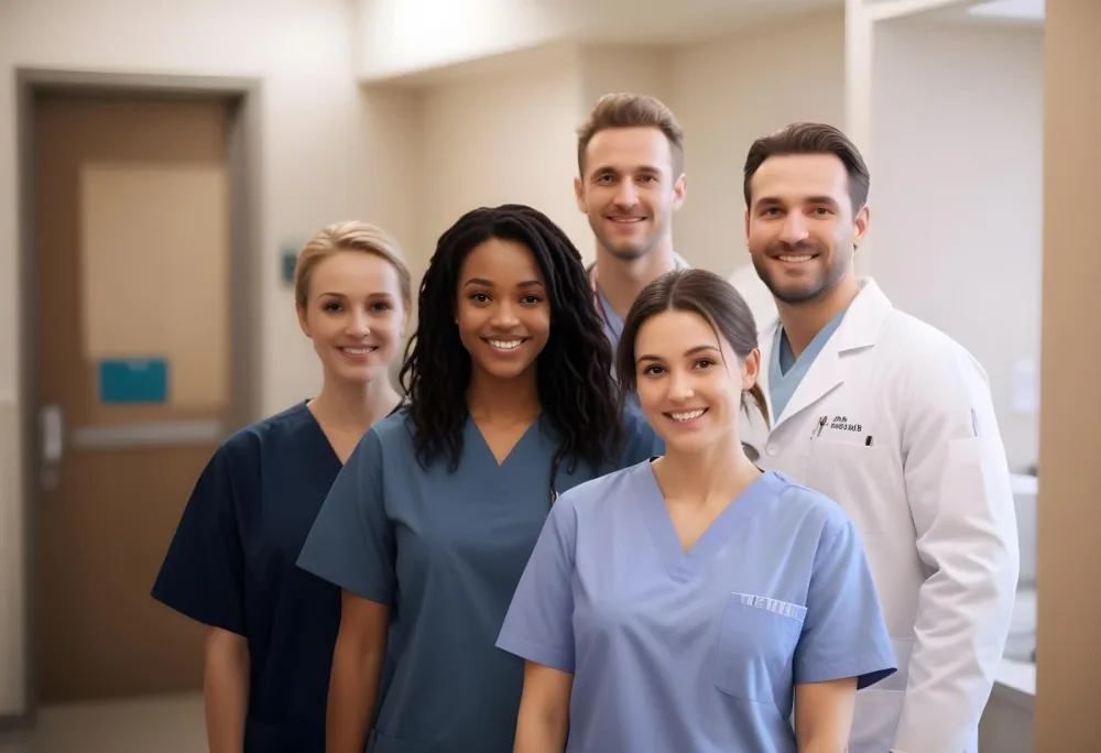 Five People Average Age 35 Average Race Caucasian Smiling In A Hospital Hallway Wearing Medical Scrubs And Lab Coats Looking At The Camera 1 3244