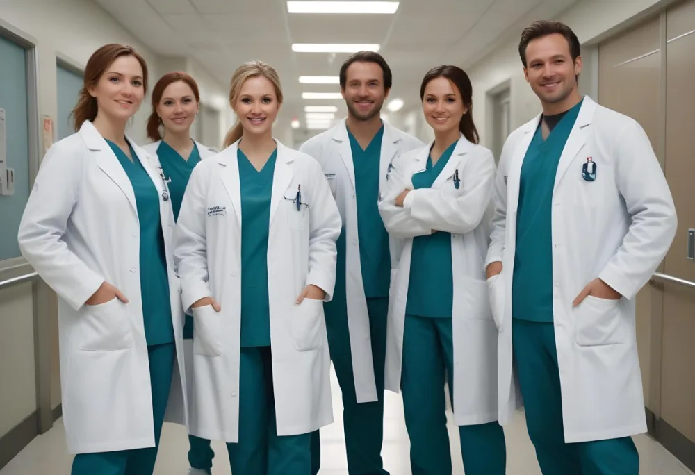 Five People Average Age 35 Average Race Caucasian Smiling In A Hospital Hallway Wearing Medical Scrubs And Lab Coats Looking At The Camera 2 75af