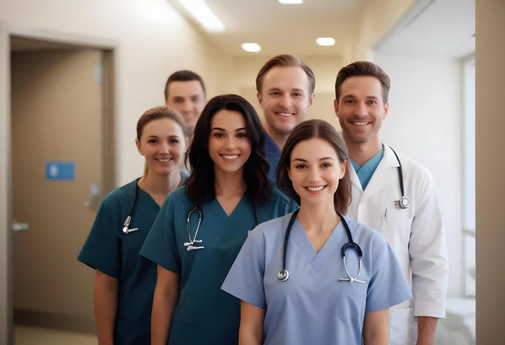 Five People Average Age 35 Average Race Caucasian Smiling In A Hospital Hallway Wearing Medical Scrubs And Lab Coats Looking At The Camera 3 80f0