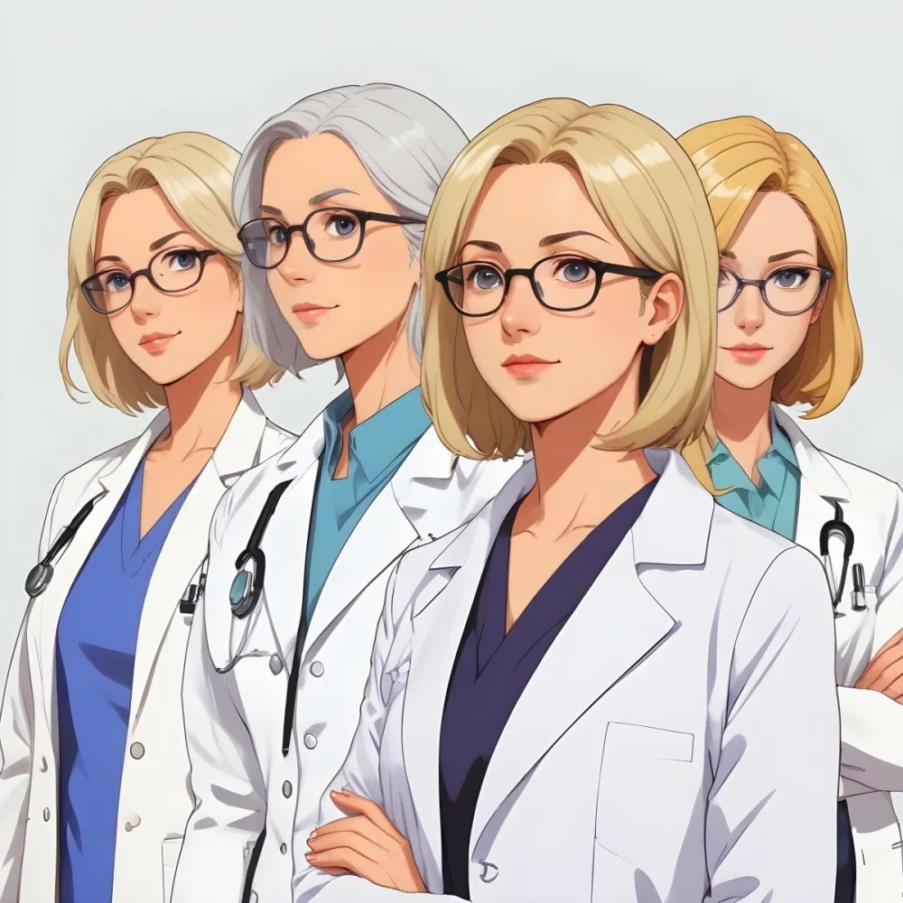 Four Medical Professionals Standing In A Row The Front Person Is A Caucasian Woman In Her 30s With Shoulder Length Blonde Hair Wearing A White Lab Coat Behind Her Are Two Women One With Short Blonde Hair And The Ot 11 0a2d