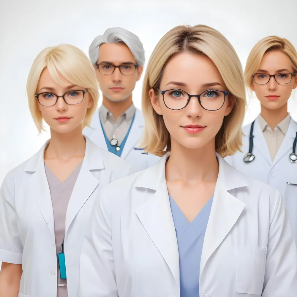 Four Medical Professionals Standing In A Row The Front Person Is A Caucasian Woman In Her 30s With Shoulder Length Blonde Hair Wearing A White Lab Coat Behind Her Are Two Women One With Short Blonde Hair And The Ot 15 54fd