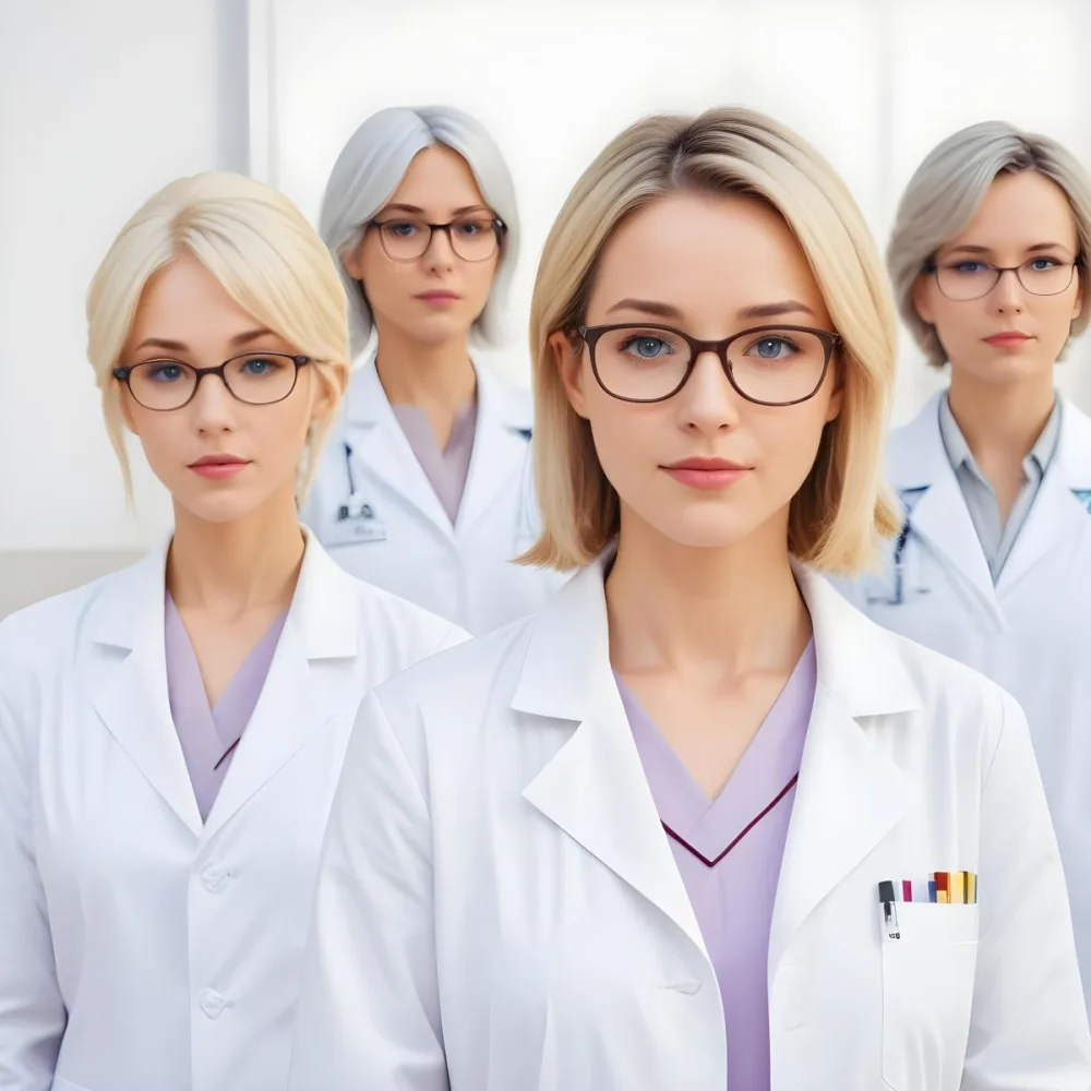 Four Medical Professionals Standing In A Row The Front Person Is A Caucasian Woman In Her 30s With Shoulder Length Blonde Hair Wearing A White Lab Coat Behind Her Are Two Women One With Short Blonde Hair And The Ot 19 99ae