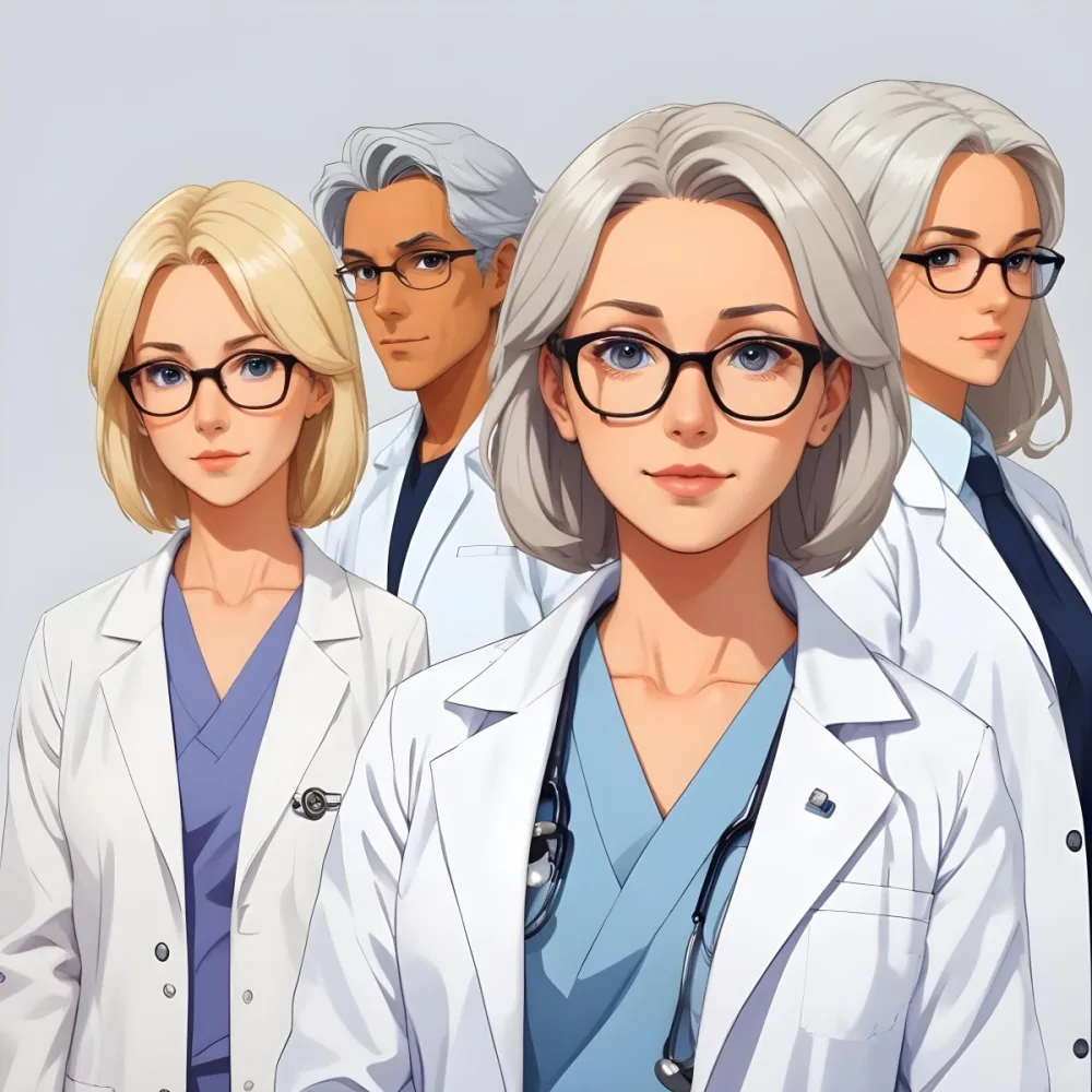 Four Medical Professionals Standing In A Row The Front Person Is A Caucasian Woman In Her 30s With Shoulder Length Blonde Hair Wearing A White Lab Coat Behind Her Are Two Women One With Short Blonde Hair And The Ot 3 27be