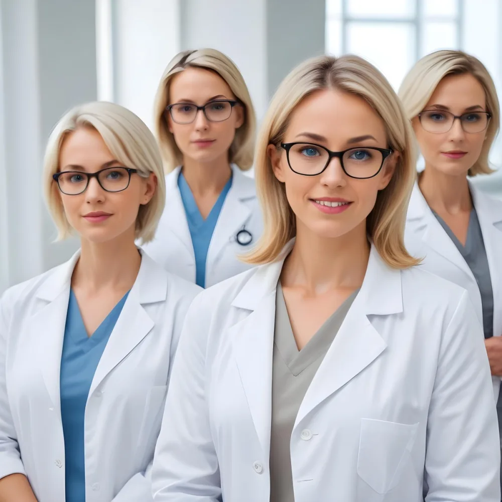 Four Medical Professionals Standing In A Row The Front Person Is A Caucasian Woman In Her 30s With Shoulder Length Blonde Hair Wearing A White Lab Coat Behind Her Are Two Women One With Short Blonde Hair And The Ot 37 E5f3