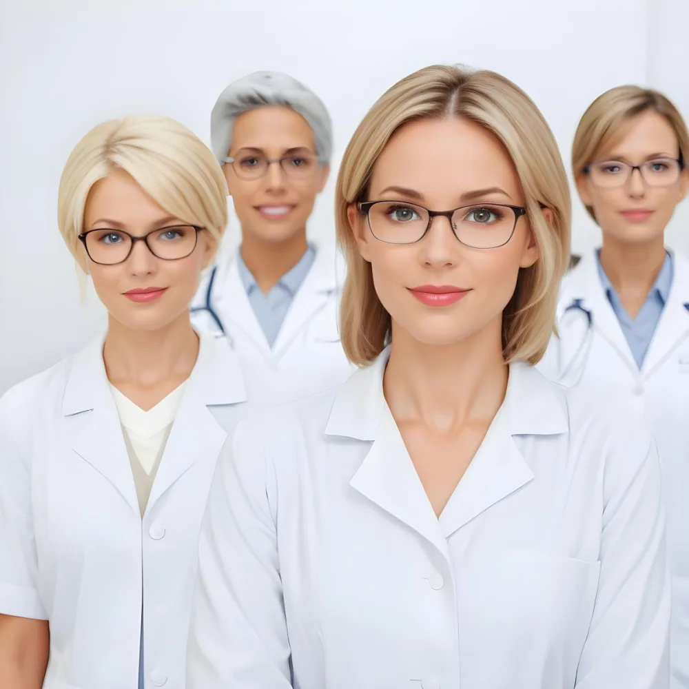 Four Medical Professionals Standing In A Row The Front Person Is A Caucasian Woman In Her 30s With Shoulder Length Blonde Hair Wearing A White Lab Coat Behind Her Are Two Women One With Short Blonde Hair And The Ot 41 519b