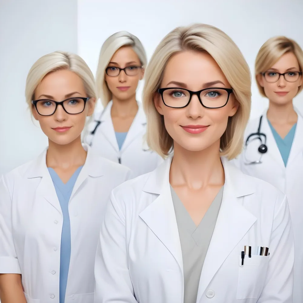 Four Medical Professionals Standing In A Row The Front Person Is A Caucasian Woman In Her 30s With Shoulder Length Blonde Hair Wearing A White Lab Coat Behind Her Are Two Women One With Short Blonde Hair And The Ot 46 0c45