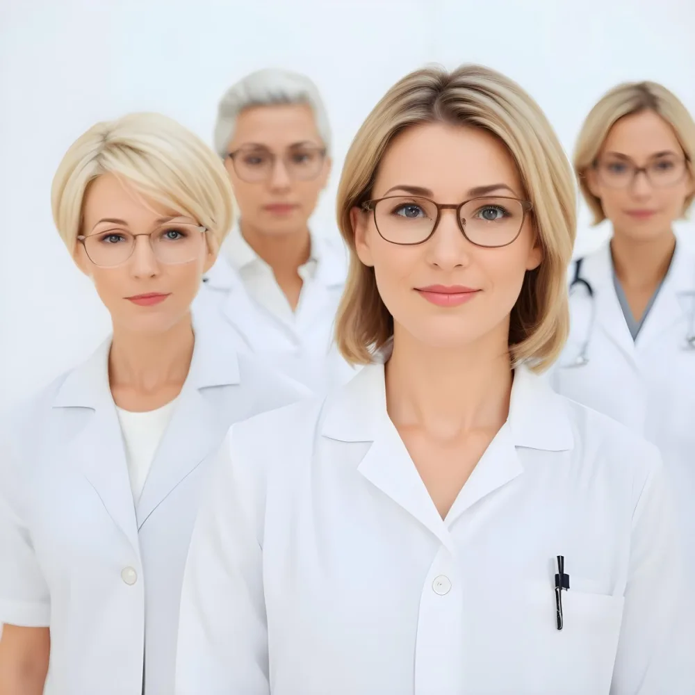 Four Medical Professionals Standing In A Row The Front Person Is A Caucasian Woman In Her 30s With Shoulder Length Blonde Hair Wearing A White Lab Coat Behind Her Are Two Women One With Short Blonde Hair And The Ot 48 8bfe