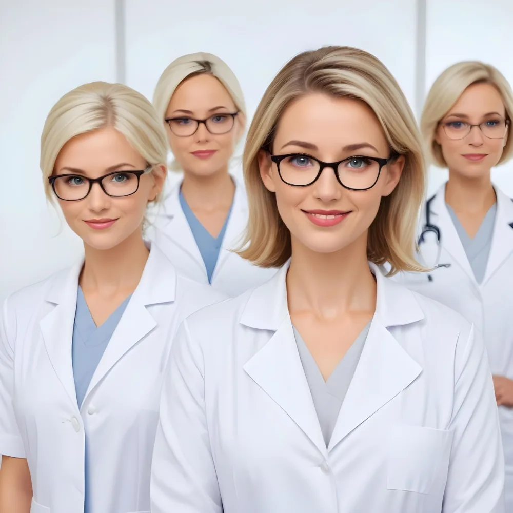 Four Medical Professionals Standing In A Row The Front Person Is A Caucasian Woman In Her 30s With Shoulder Length Blonde Hair Wearing A White Lab Coat Behind Her Are Two Women One With Short Blonde Hair And The Ot 49 83ea