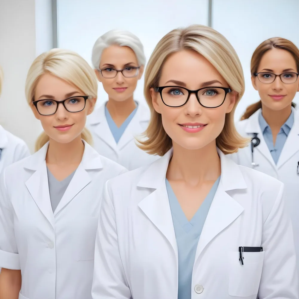 Four Medical Professionals Standing In A Row The Front Person Is A Caucasian Woman In Her 30s With Shoulder Length Blonde Hair Wearing A White Lab Coat Behind Her Are Two Women One With Short Blonde Hair And The Ot 50 Aed3