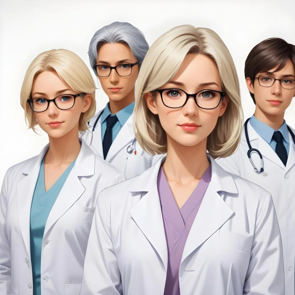 Four Medical Professionals Standing In A Row The Front Person Is A Caucasian Woman In Her 30s With Shoulder Length Blonde Hair Wearing A White Lab Coat Behind Her Are Two Women One With Short Blonde Hair And The Ot 7 Be7a