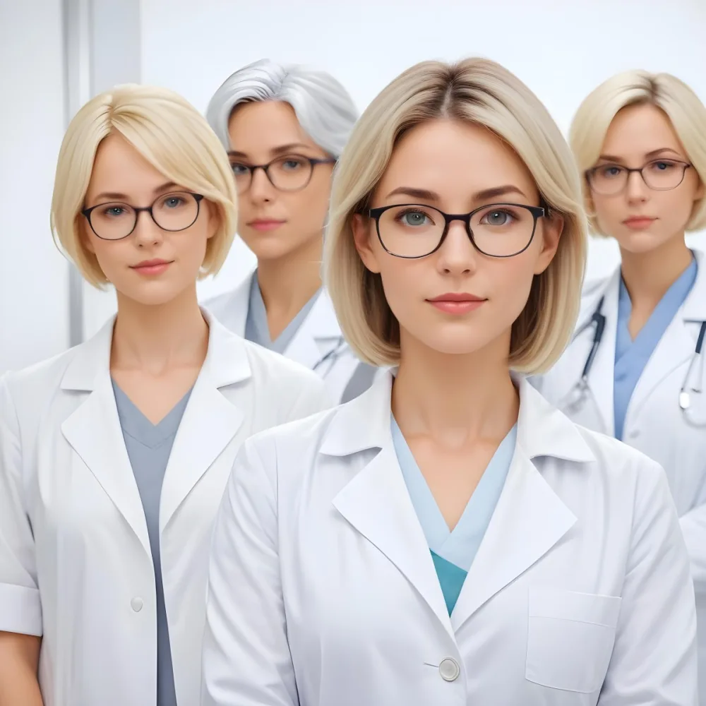 Four Medical Professionals Standing In A Row The Front Person Is A Caucasian Woman In Her 30s With Shoulder Length Blonde Hair Wearing A White Lab Coat Behind Her Are Two Women One With Short Blonde Hair And The Ot 8 04c0