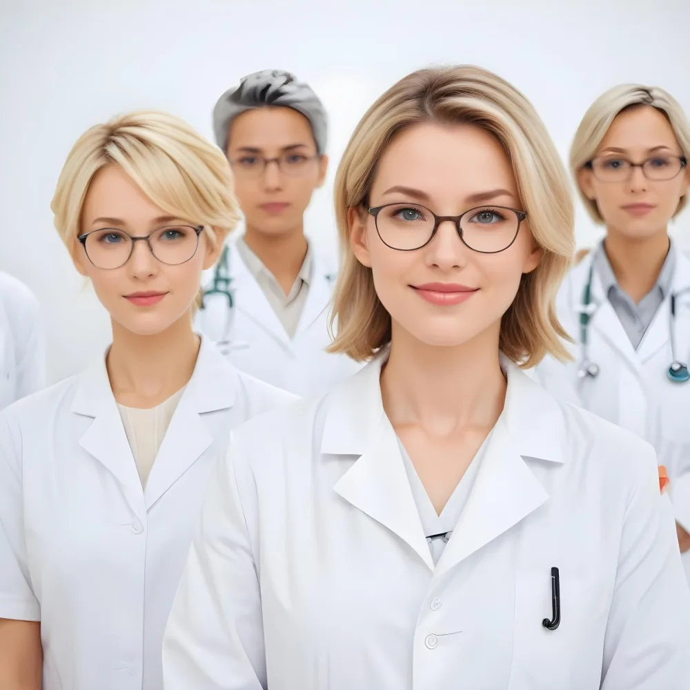 Four Medical Professionals Standing In A Row The Front Person Is A Caucasian Woman In Her 30s With Shoulder Length Blonde Hair Wearing A White Lab Coat Behind Her Are Two Women One With Short Blonde Hair And The Ot 9 0e22