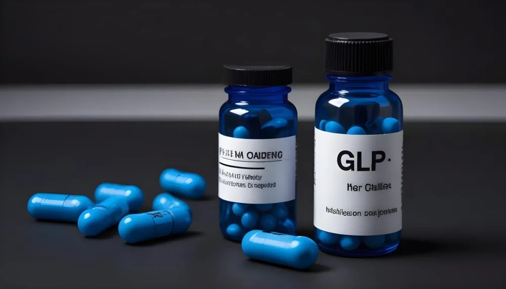 Glp 1 Medicine Bottle With Blue Pills On A Black Surface Blue Cap And A Label With Black Letters In A Laboratory 7 4c85