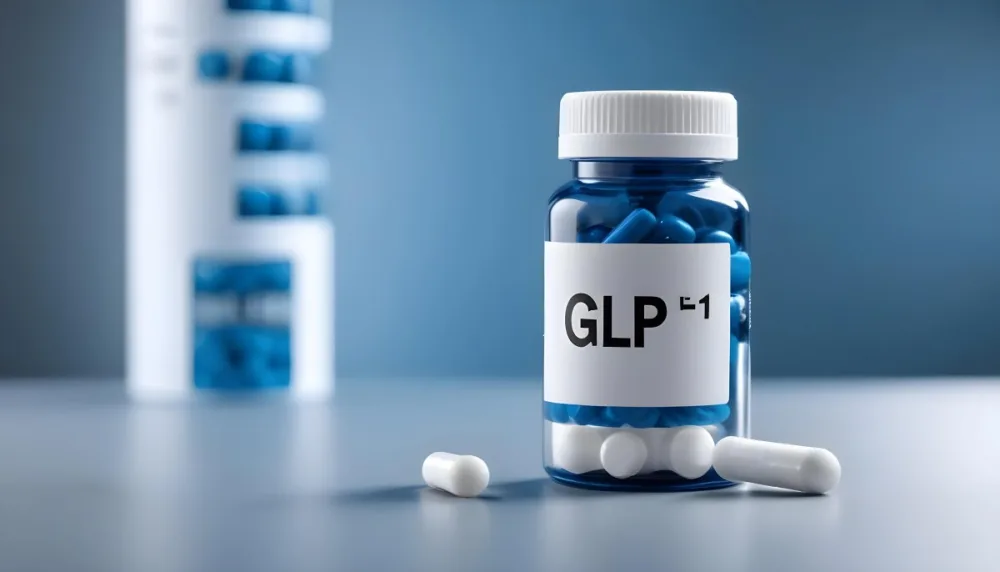 Glp 1 Medicine Bottle With Blue Pills On A Black Surface Blue Cap And A Label With Black Letters In A Laboratory 8 6c1d
