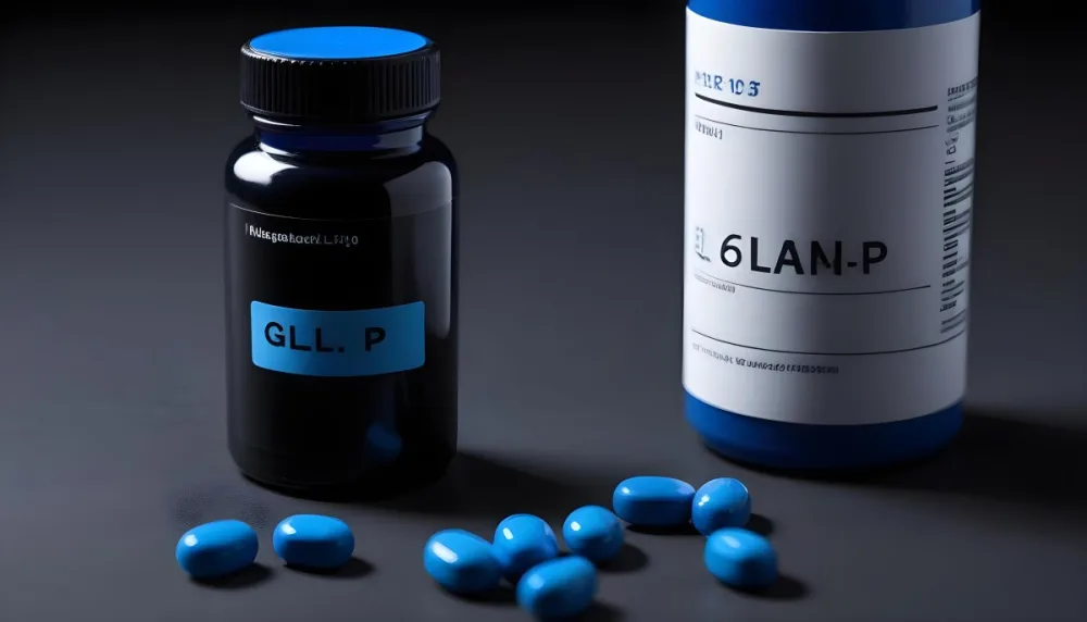 Glp 1 Medicine Bottle With Blue Pills On A Black Surface Blue Cap And A Label With Black Letters In A Laboratory 9 3fdf