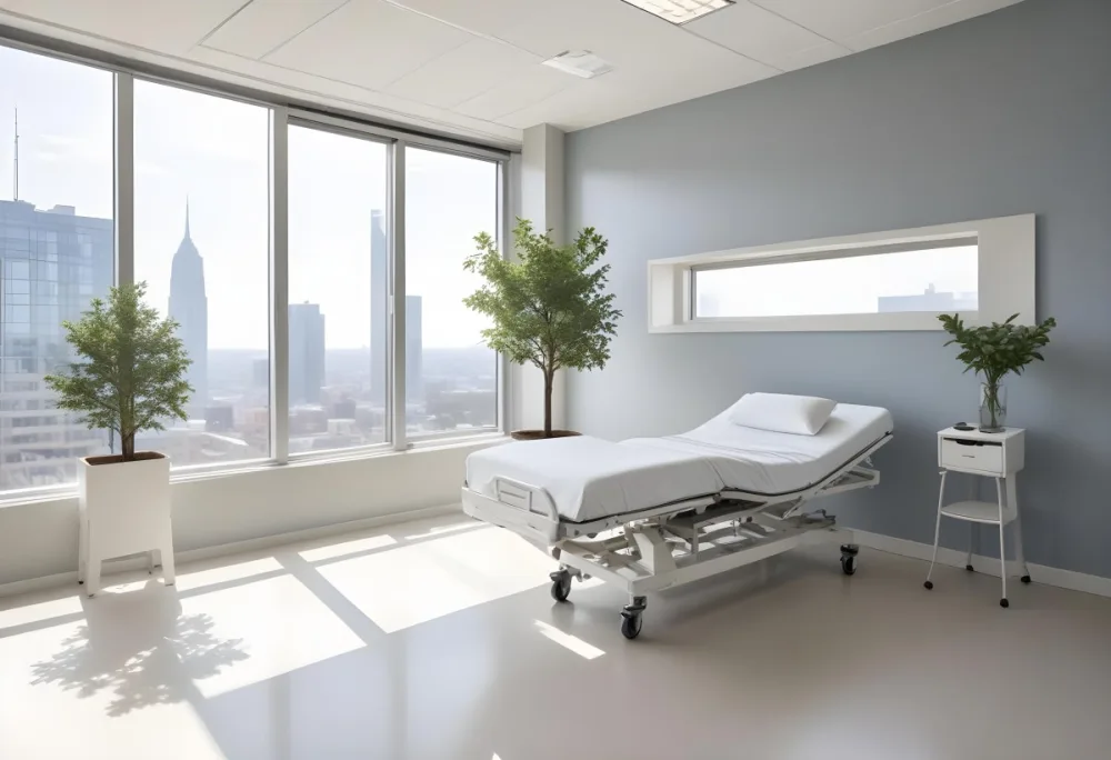 Hospital Room With A Modern Adjustable Bed A Small Tree In A Pot A Side Table And A Large Window With A City View 12 D704