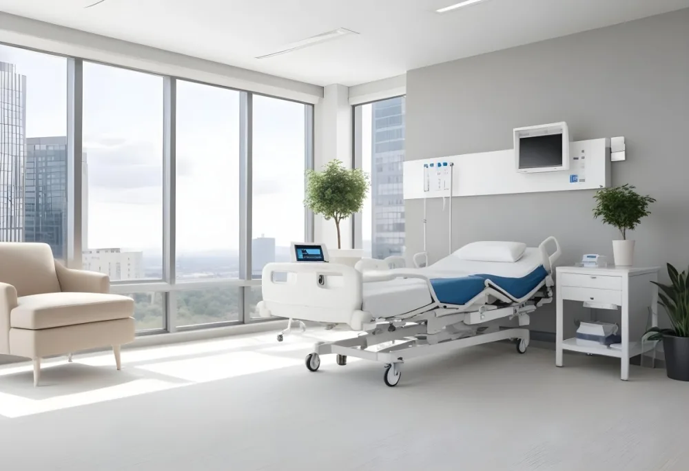 Hospital Room With A Modern Adjustable Bed A Small Tree In A Pot A Side Table And A Large Window With A City View 16 Eb6b