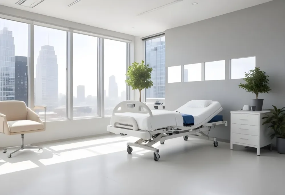 Hospital Room With A Modern Adjustable Bed A Small Tree In A Pot A Side Table And A Large Window With A City View 19 35e8