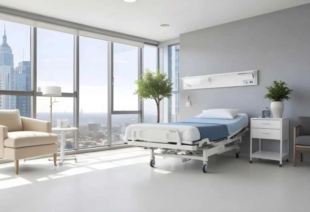 Hospital Room With A Modern Adjustable Bed A Small Tree In A Pot A Side Table And A Large Window With A City View 2 E923