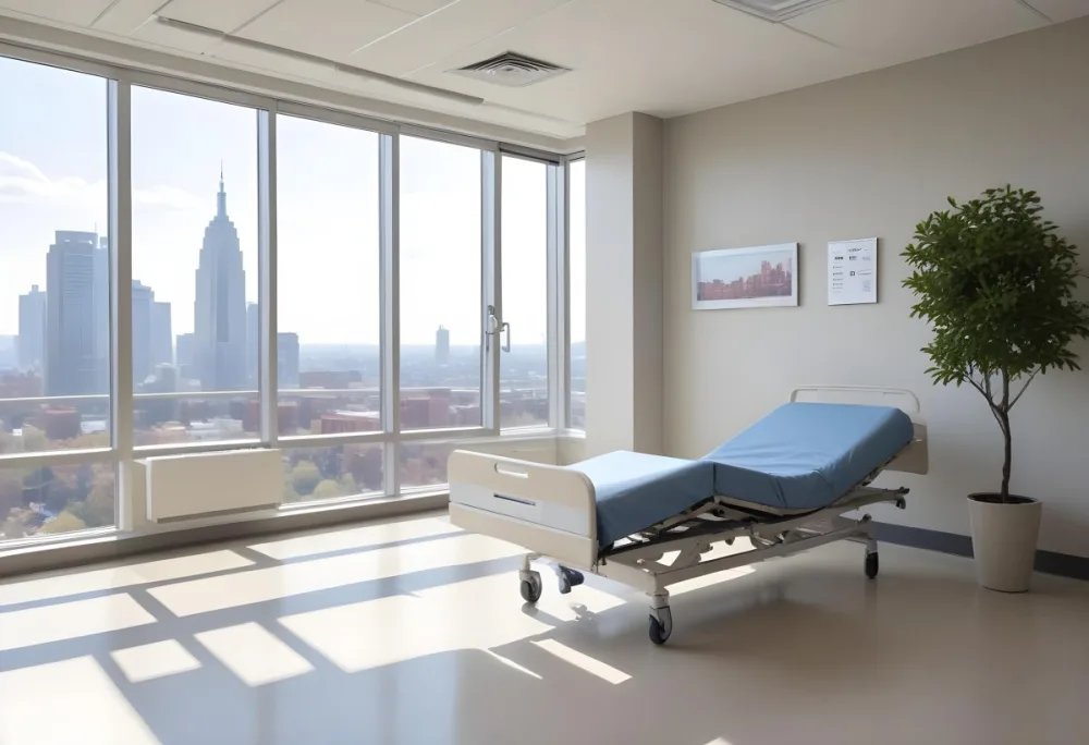 Hospital Room With A Modern Adjustable Bed A Small Tree In A Pot A Side Table And A Large Window With A City View 21 0da2