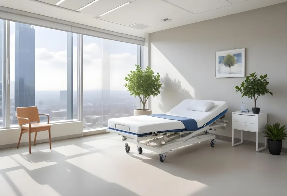 Hospital Room With A Modern Adjustable Bed A Small Tree In A Pot A Side Table And A Large Window With A City View 22 66f9