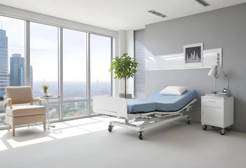Hospital Room With A Modern Adjustable Bed A Small Tree In A Pot A Side Table And A Large Window With A City View 24 F6d4