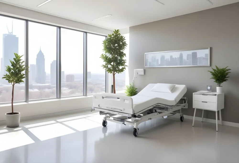 Hospital Room With A Modern Adjustable Bed A Small Tree In A Pot A Side Table And A Large Window With A City View 26 247d