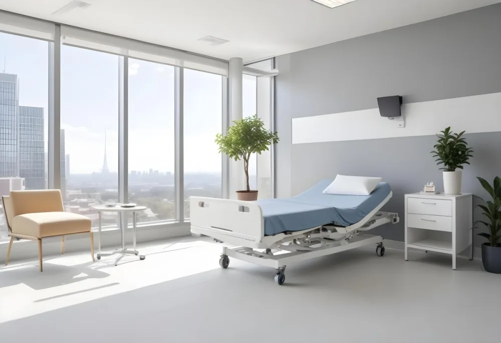 Hospital Room With A Modern Adjustable Bed A Small Tree In A Pot A Side Table And A Large Window With A City View 3 F34d
