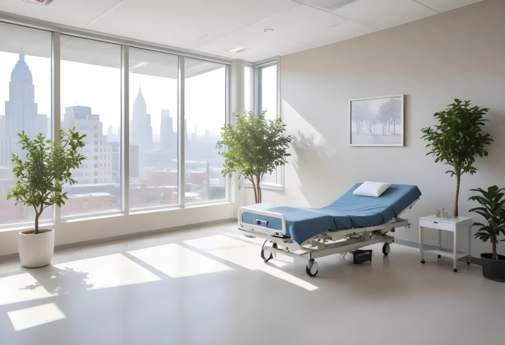 Hospital Room With A Modern Adjustable Bed A Small Tree In A Pot A Side Table And A Large Window With A City View 4 7652