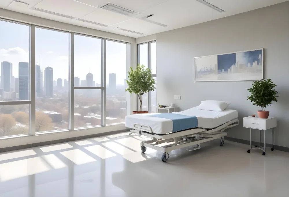 Hospital Room With A Modern Adjustable Bed A Small Tree In A Pot A Side Table And A Large Window With A City View 5 4b34