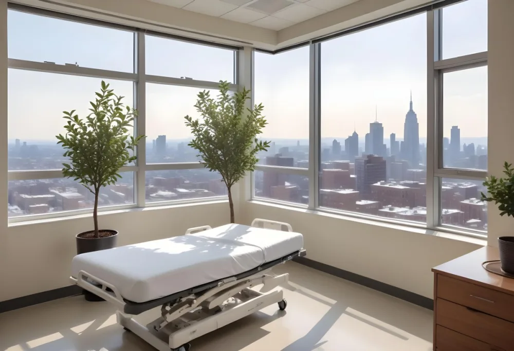 Hospital Room With A Modern Adjustable Bed A Small Tree In A Pot A Side Table And A Large Window With A City View 6 4b6f