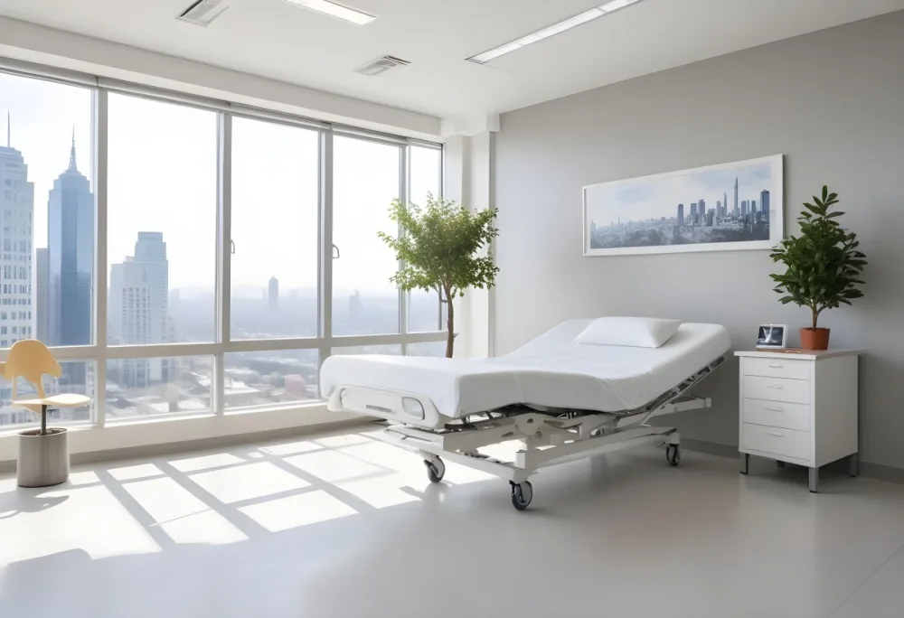 Hospital Room With A Modern Adjustable Bed A Small Tree In A Pot A Side Table And A Large Window With A City View 7 1350