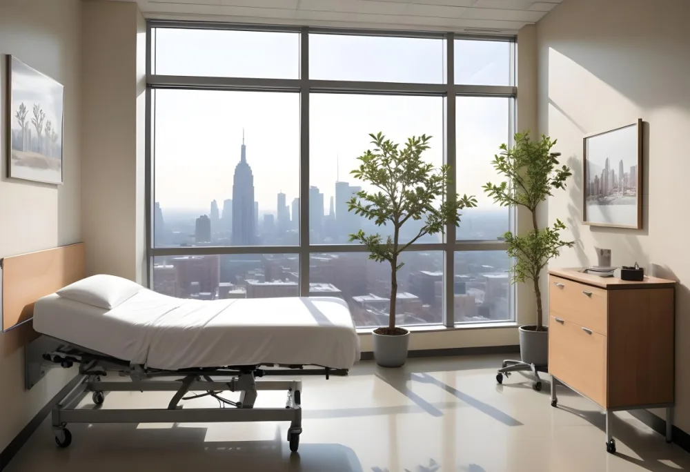 Hospital Room With A Modern Adjustable Bed A Small Tree In A Pot A Side Table And A Large Window With A City View 8 5725