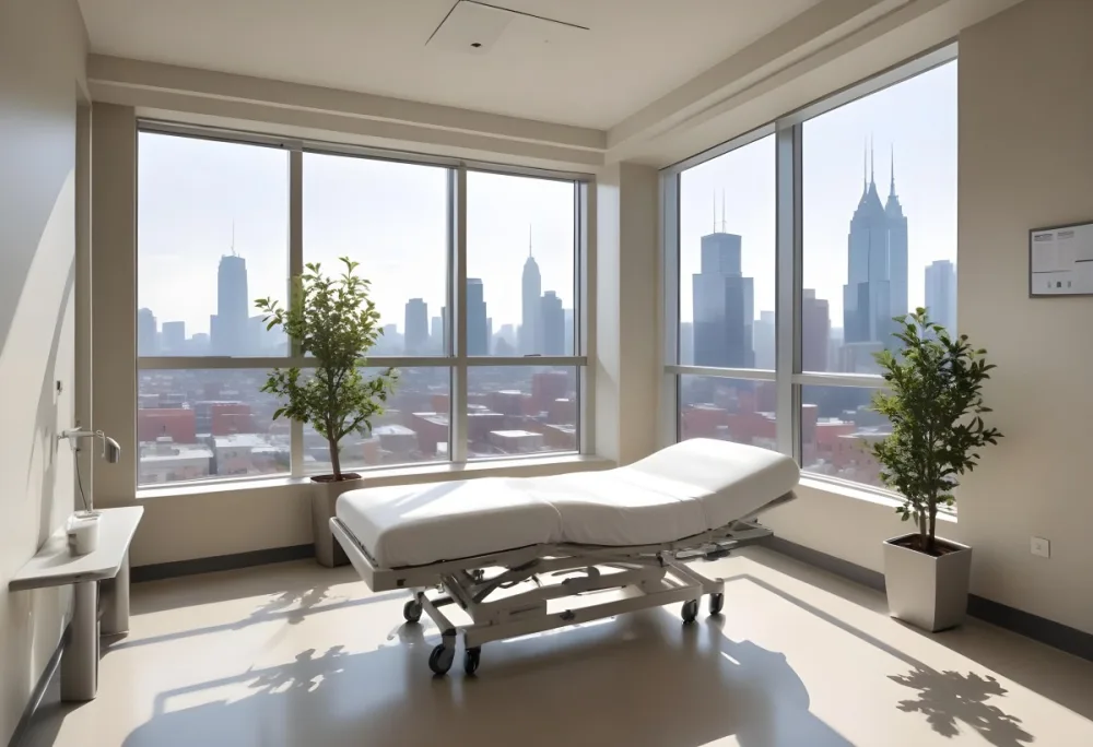 Hospital Room With A Modern Adjustable Bed A Small Tree In A Pot A Side Table And A Large Window With A City View 9 2ed1