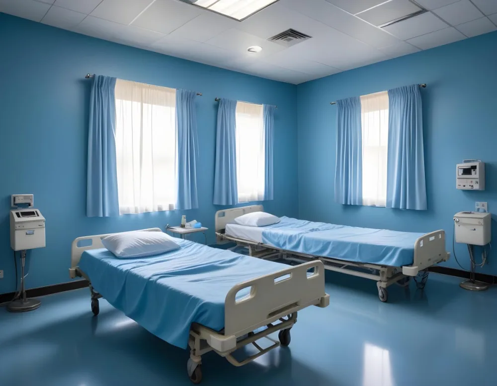 Hospital Room With Three Empty Beds Blue Sheets White Curtains Air Conditioner Blue Walls And A Shiny Floor 5 304b