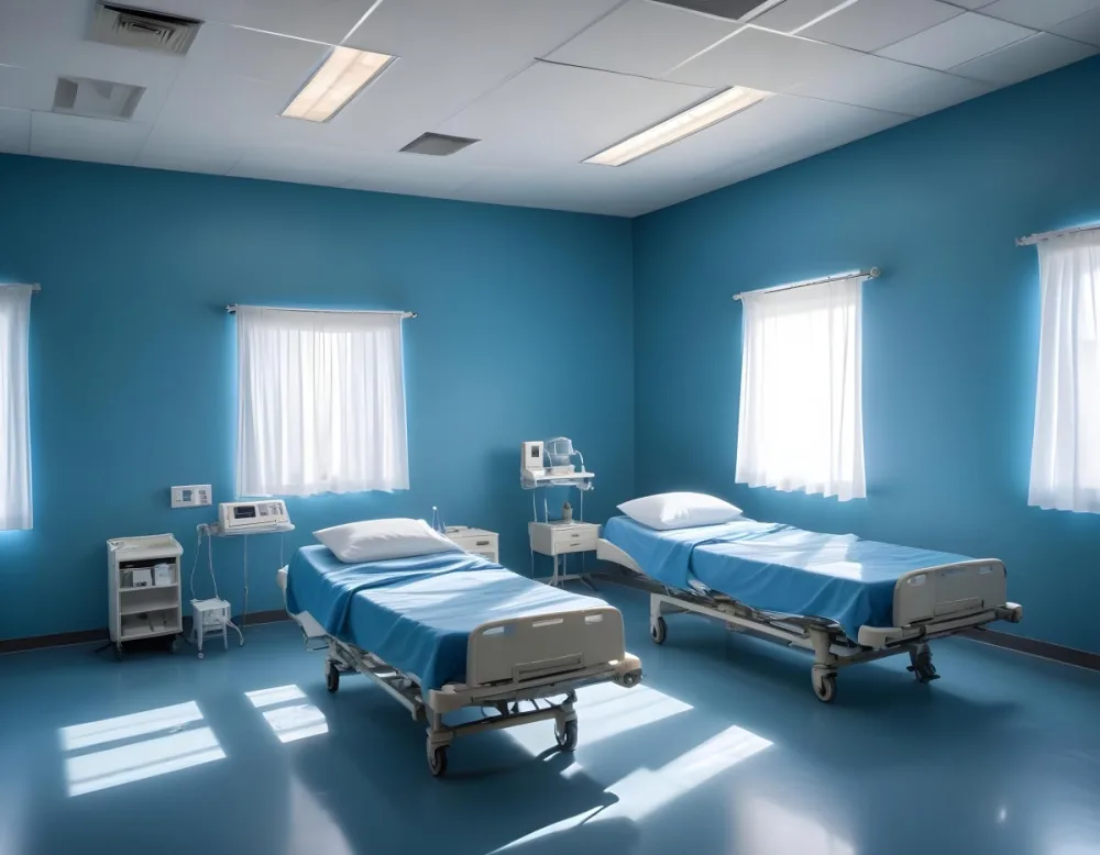 Hospital Room With Three Empty Beds Blue Sheets White Curtains Air Conditioner Blue Walls And A Shiny Floor 7 5cb2