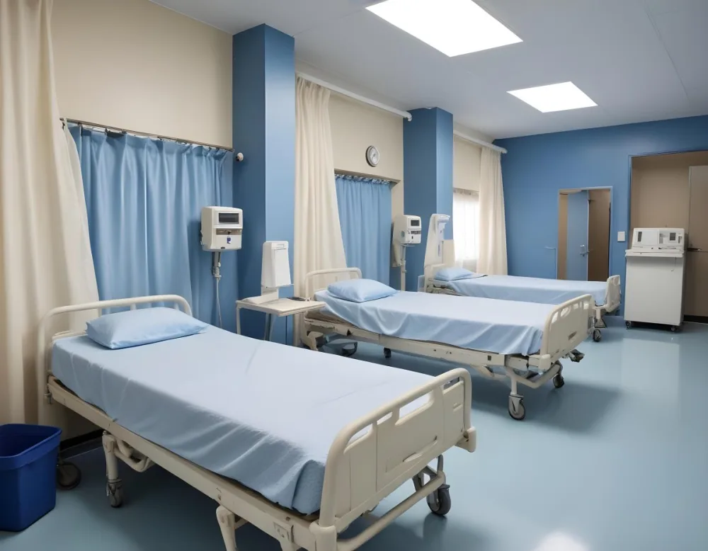Hospital Room With Three Empty Beds Blue Sheets White Curtains Air Conditioner Blue Walls And A Shiny Floor 9 Ed36
