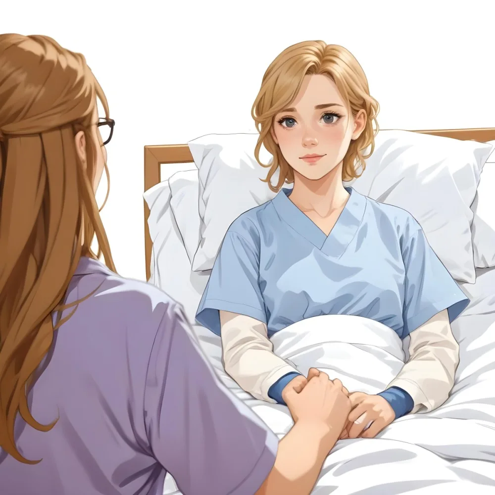 Minimal Soft Studio Light Photography A Woman With Light Brown Hair And A Neck Brace Sitting In A Hospital Bed Wearing A Blue Hospital Gown She Appears To Be In Her Mid 30s Another Woman With Blonde Hair In A Casua 4 D55f