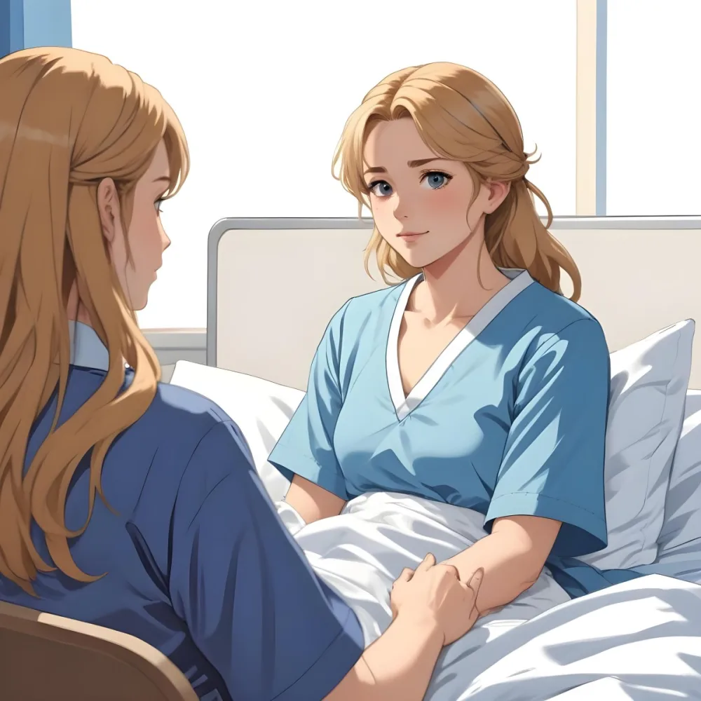 Minimal Soft Studio Light Photography A Woman With Light Brown Hair And A Neck Brace Sitting In A Hospital Bed Wearing A Blue Hospital Gown She Appears To Be In Her Mid 30s Another Woman With Blonde Hair In A Casua 5 B633