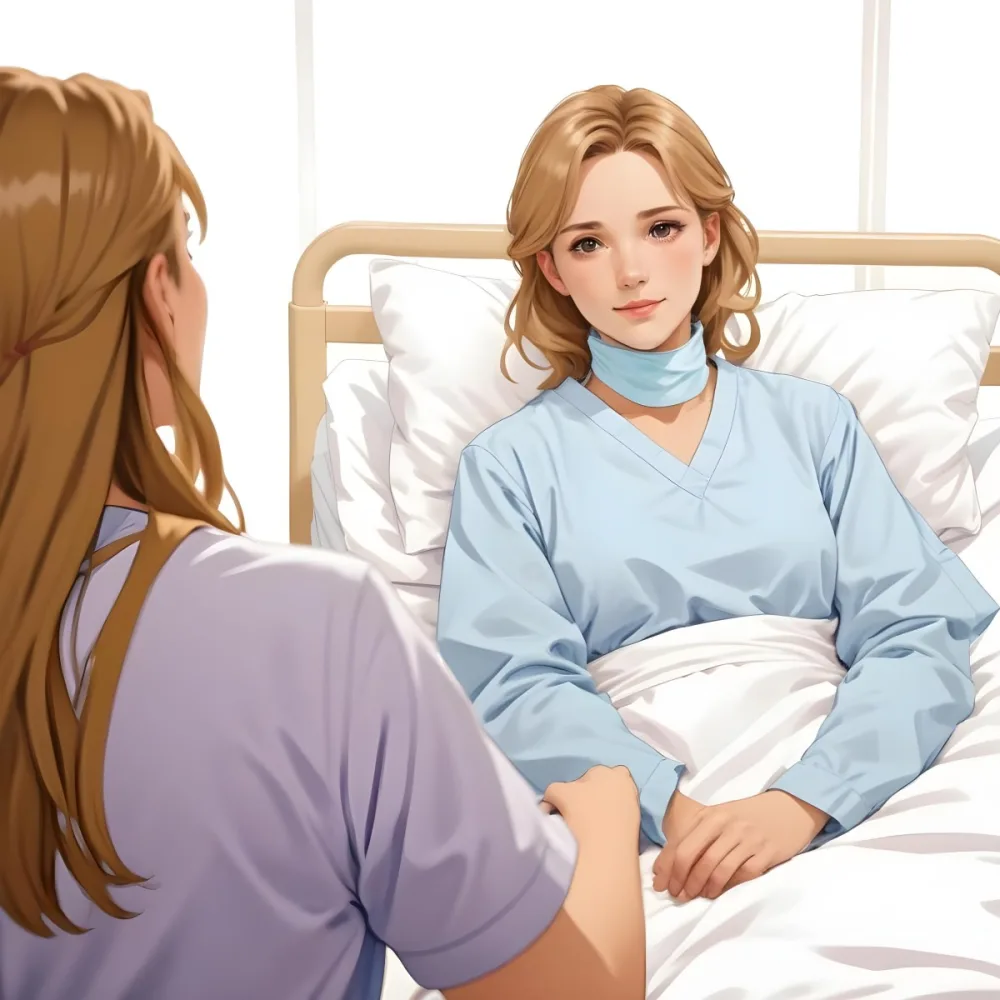 Minimal Soft Studio Light Photography A Woman With Light Brown Hair And A Neck Brace Sitting In A Hospital Bed Wearing A Blue Hospital Gown She Appears To Be In Her Mid 30s Another Woman With Blonde Hair In A Casua 7 A6ba
