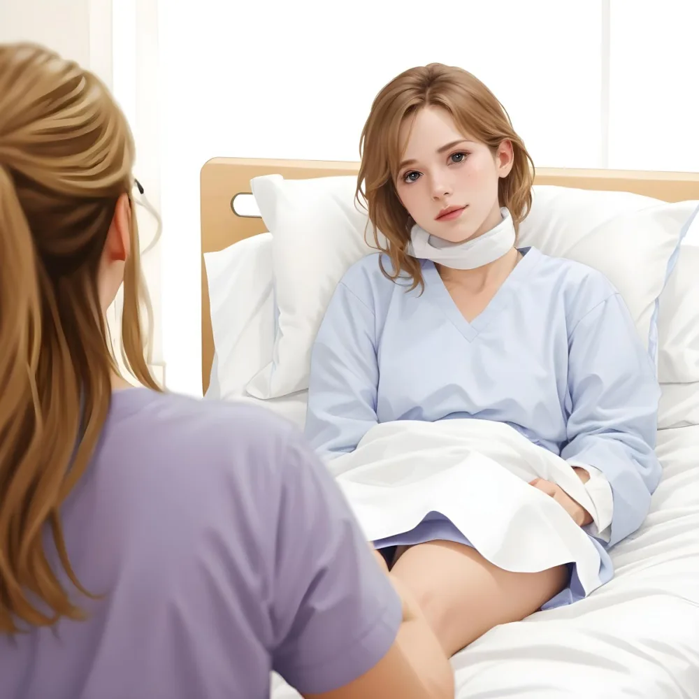 Minimal Soft Studio Light Photography A Woman With Light Brown Hair And A Neck Brace Sitting In A Hospital Bed Wearing A Blue Hospital Gown She Appears To Be In Her Mid 30s Another Woman With Blonde Hair In A Casua 8 1819