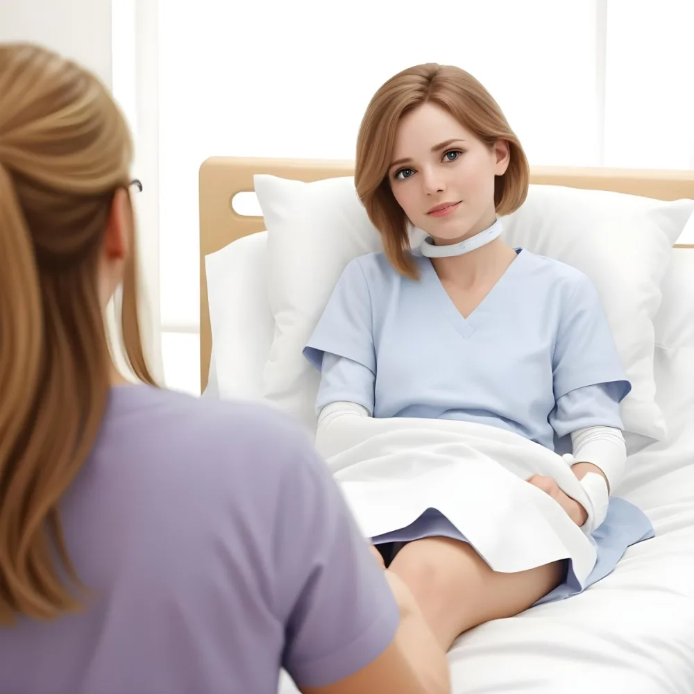 Minimal Soft Studio Light Photography A Woman With Light Brown Hair And A Neck Brace Sitting In A Hospital Bed Wearing A Blue Hospital Gown She Appears To Be In Her Mid 30s Another Woman With Blonde Hair In A Casua 9 6335