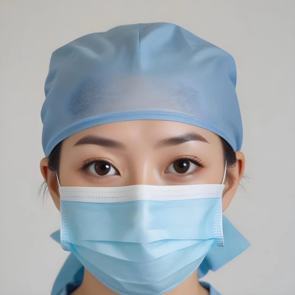 Minimal Soft Studio Light Photography Female Asian Approximately 30 Years Old With Light Hair Wearing A Blue Surgical Cap And A Light Blue Surgical Mask The Background Is A Plain Light Colored Fabric High Detail 22 543f